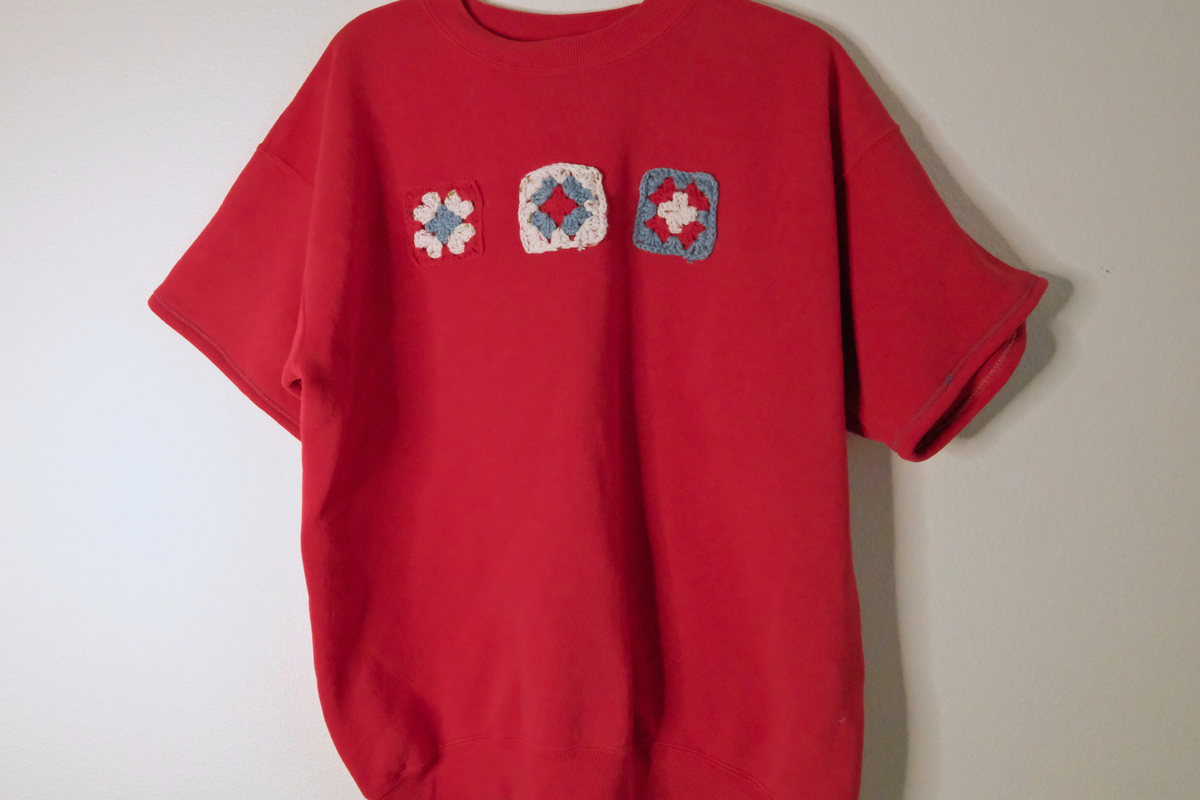 Cozy Red Americana Granny Square Short Sleeve Sweatshirt