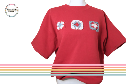 Cozy Red Americana Granny Square Short Sleeve Sweatshirt