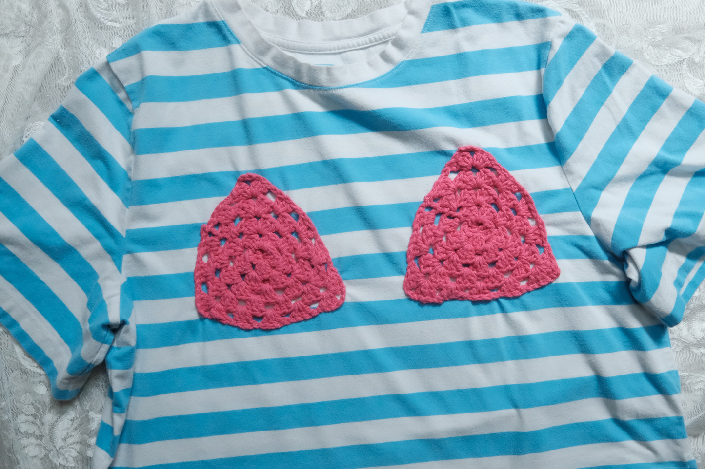 Pink Crocheted Bikini Striped Ta-Ta Tee